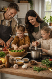 Familie lager middag sammen med krydder og ferske ingredienser