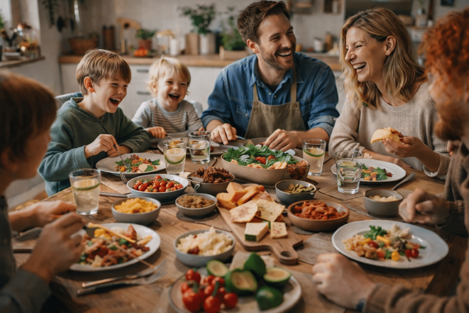 Familie rundt spisebord med tacomiddag omgitt av god stemning og latter og friske smaker med krydder fra Krydra.no