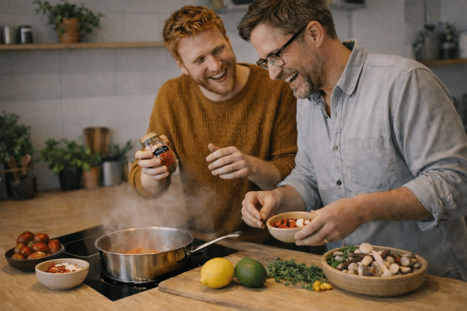 To menn lager mat på kjøkkenet med paprika, chili, sopp, urter, sitron og lime på skjærefjøl ved siden av en gryte på komfyren.